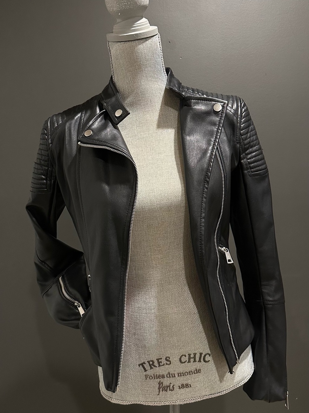H&M Black Quilted-Shoulder Faux Leather Moto Jacket